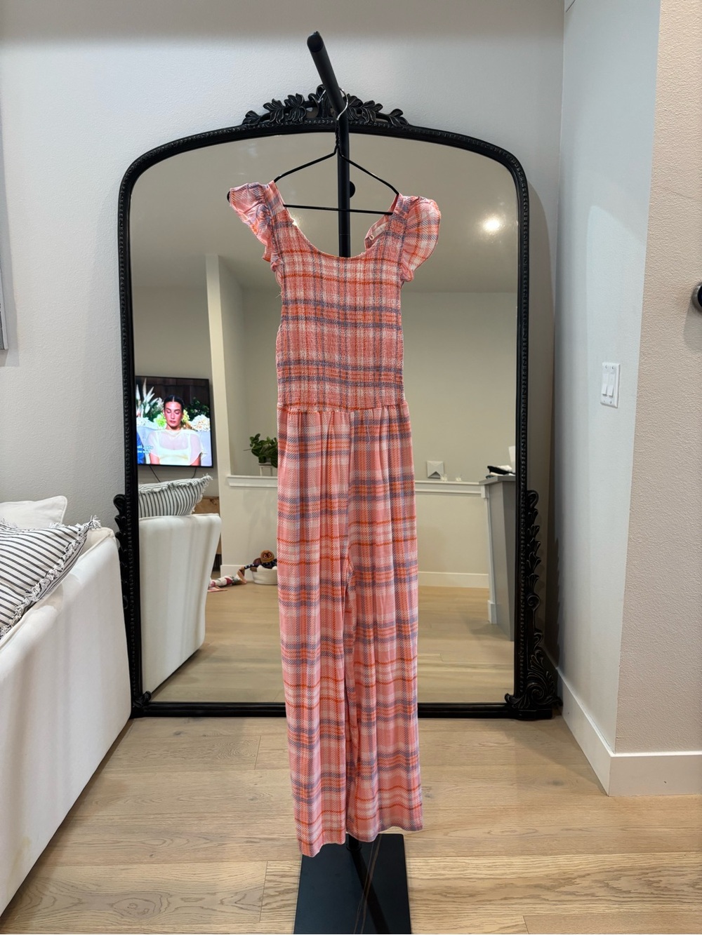 Olivaceous Pink and Orange Plaid Jumpsuit